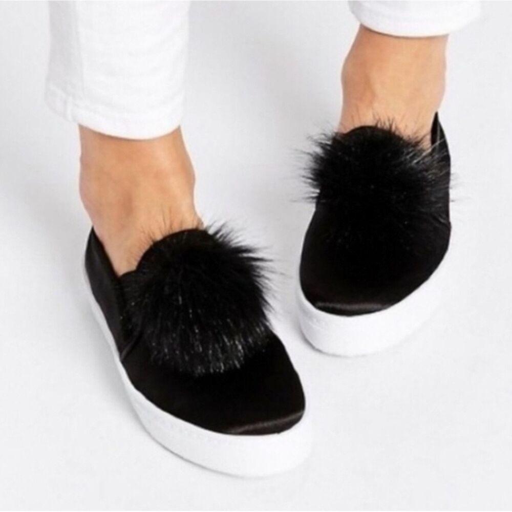 Betsey Johnson Zapp Royal Black Velvet and Pompom (6B) Slip-On Flats Loafers